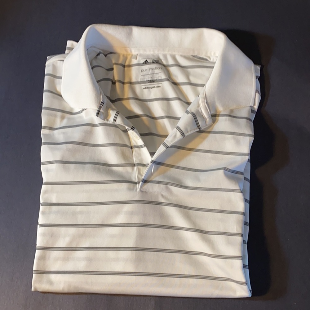 Adidas Golf Pure-motion Men’s Polo Shirt White w/Black Stripes Pre-owned Large